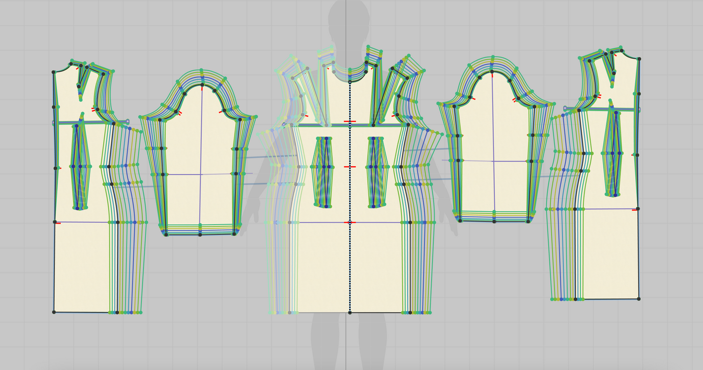 Automatically graded dress pattern CLO3d digital 2d pattern inclusive sizes